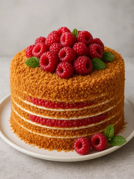 Торт Медовик Малиновый с ягодами от семейной кондитерской Kisura | Доставка по Москве