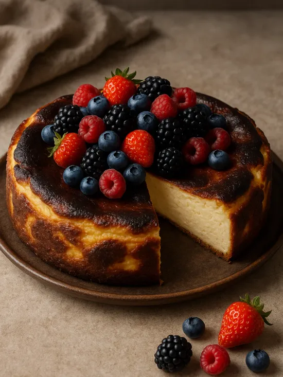 Баскский чизкейк Сан-Себастьян с ягодами от семейной кондитерской Kisura | Доставка по Москве